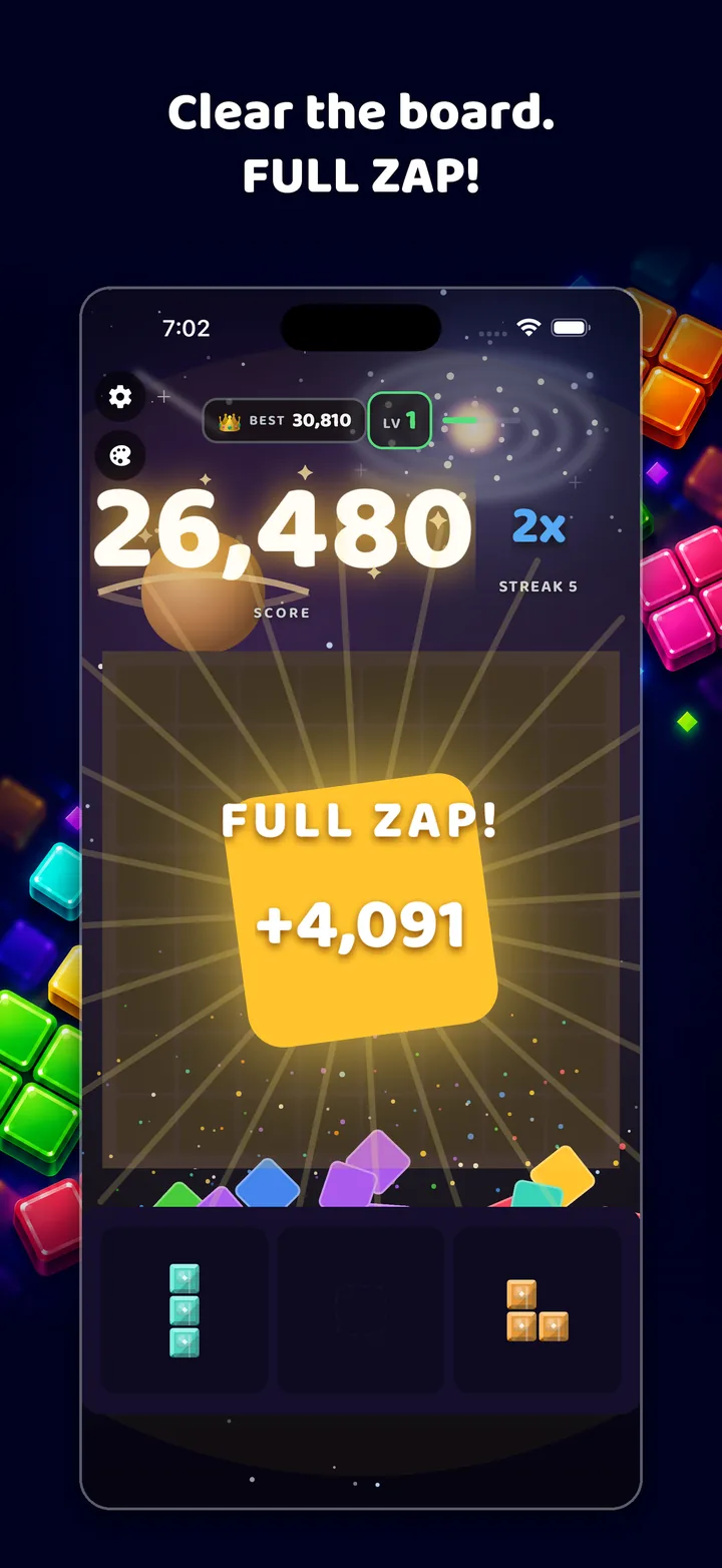 Clear the board. FULL ZAP! The Full Zap card bursting over an emptied board, worth 4,091 points.