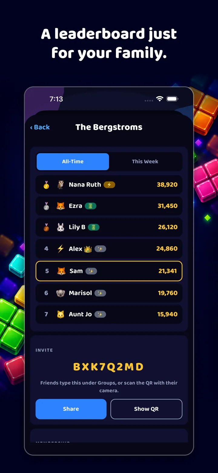 A leaderboard just for your family. A group called The Bergstroms, seven players ranked by Classic score, with the group's invite code below.