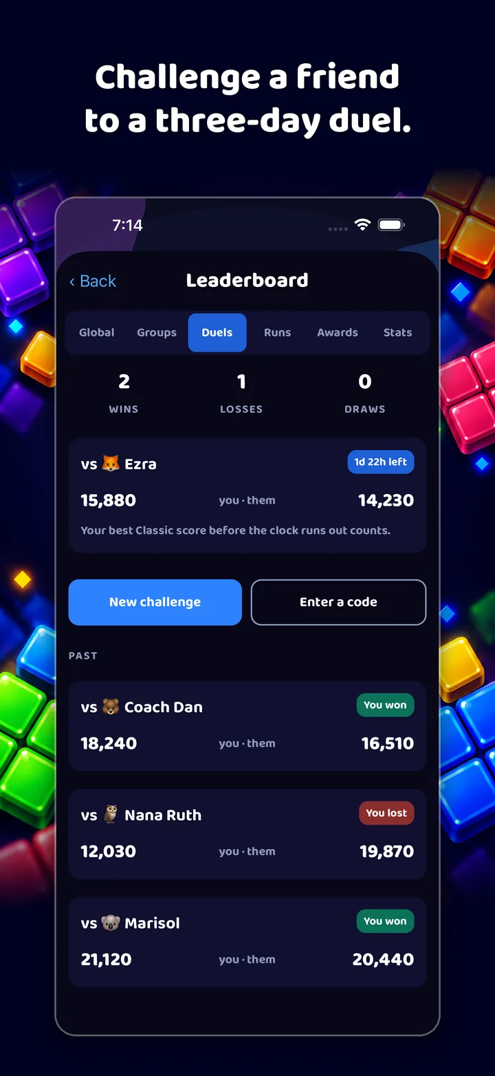 Challenge a friend to a three-day duel. The Duels tab: two wins and one loss, and a live duel against Ezra with a day and 22 hours left.