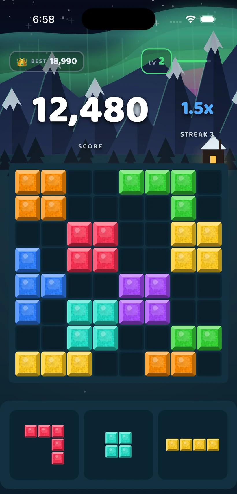 Block Bolt gameplay in the Aurora Borealis theme