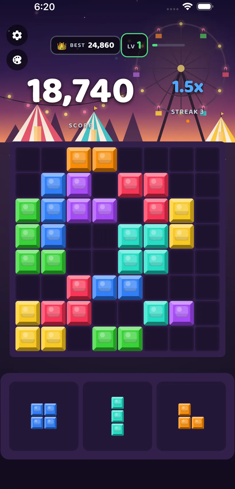 Block Bolt gameplay in the Carnival Nights theme