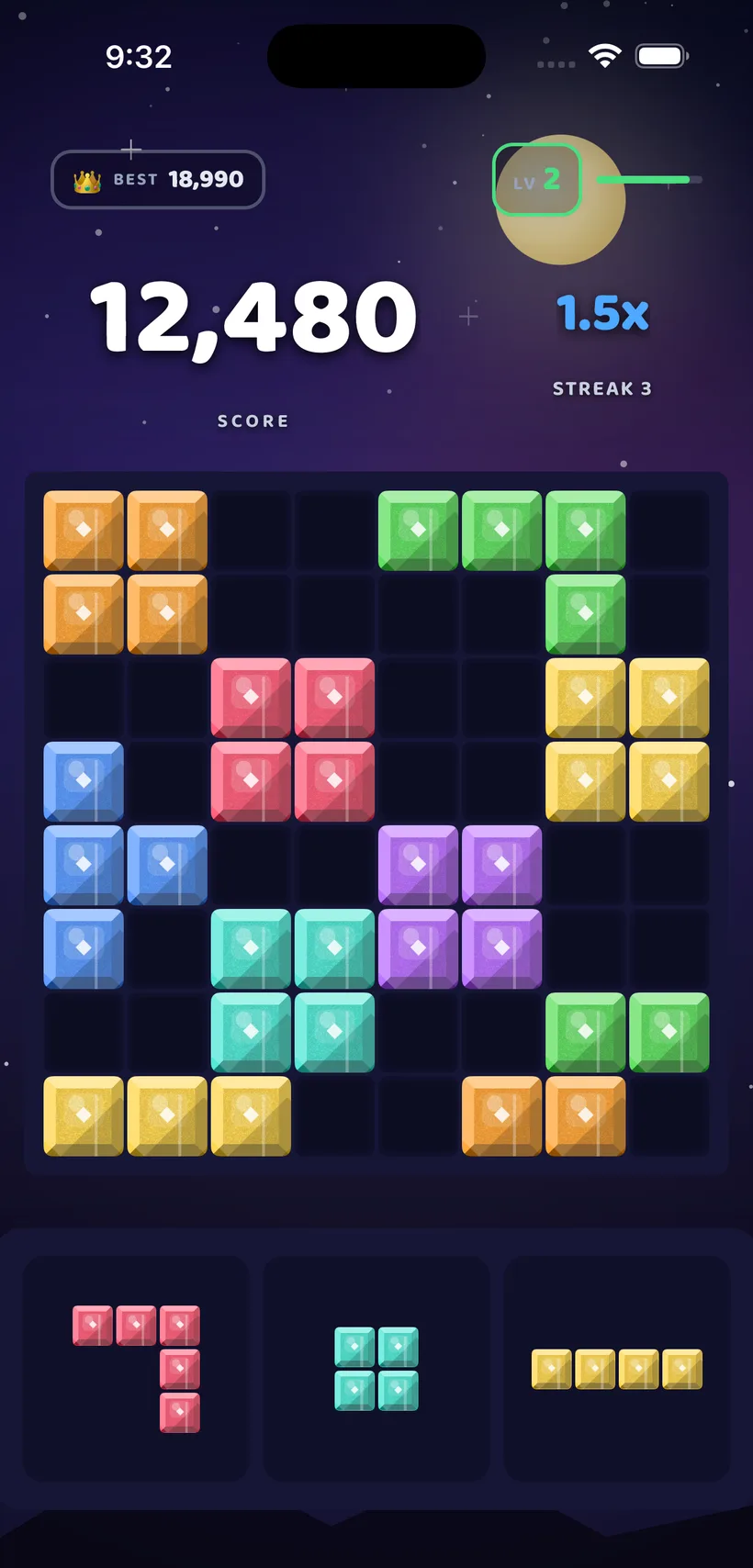 Block Bolt gameplay in the Cosmic Night theme