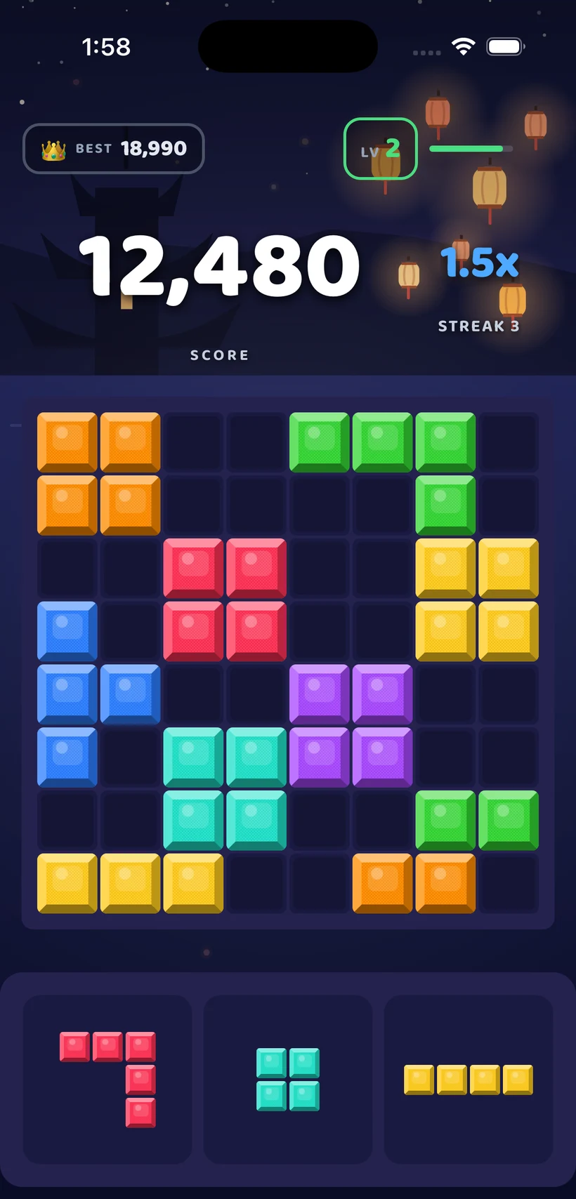 Block Bolt gameplay in the Lantern Night theme