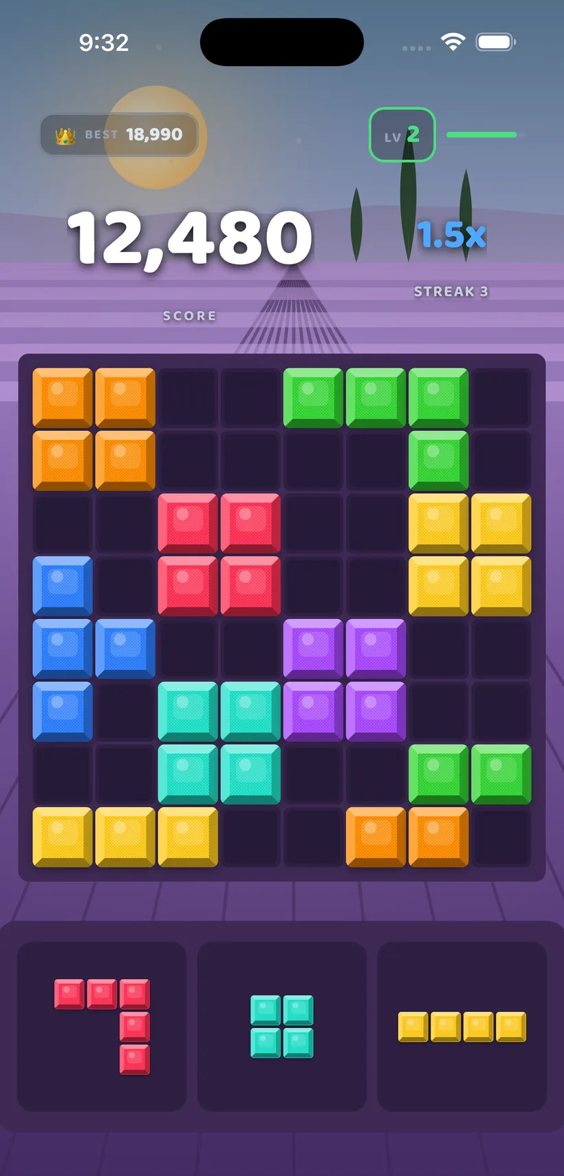 Block Bolt gameplay in the Lavender Fields theme