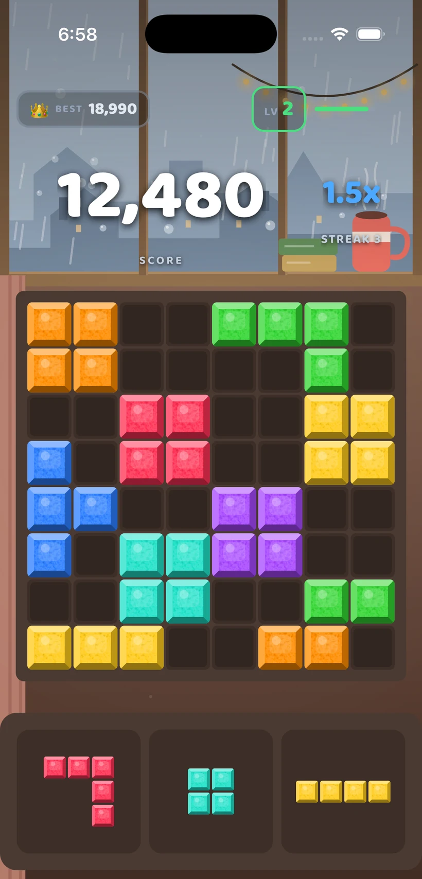 Block Bolt gameplay in the Rainy Window theme